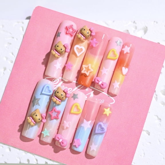 Frely's nail SQUARE Rainbow Kitty ,Handmade nail art,Press-On Nails, Holiday Gift Set with Holiday , Multicolor & M
