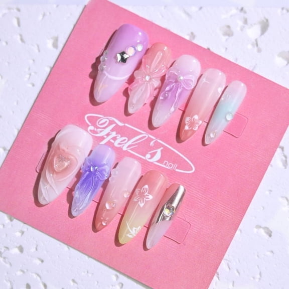 Frely's nail STILETTO Colorful Sugar Bubble,Handmade nail art,Press-On Nails, Holiday Gift Set with Holiday & Shine,Multicolor &M