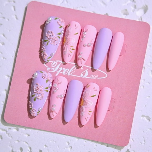 Frely's nail STILETTO Exuberant,Handmade nail art,Press-On Nails, Holiday Gift Set with Holiday & Shine, Purple,Pink &S
