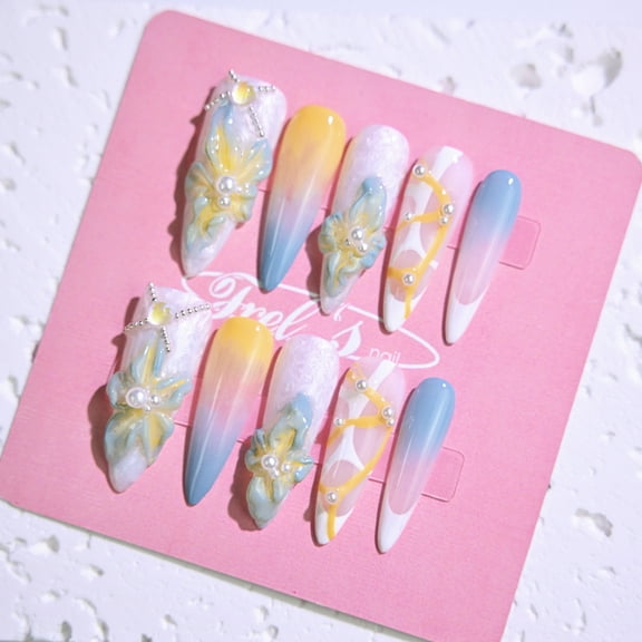 Frely's nail STILETTO Tropical Ambiance,Handmade nail art,Press-On Nails, Holiday Gift Set with Holiday & Shine, Multicolor & M