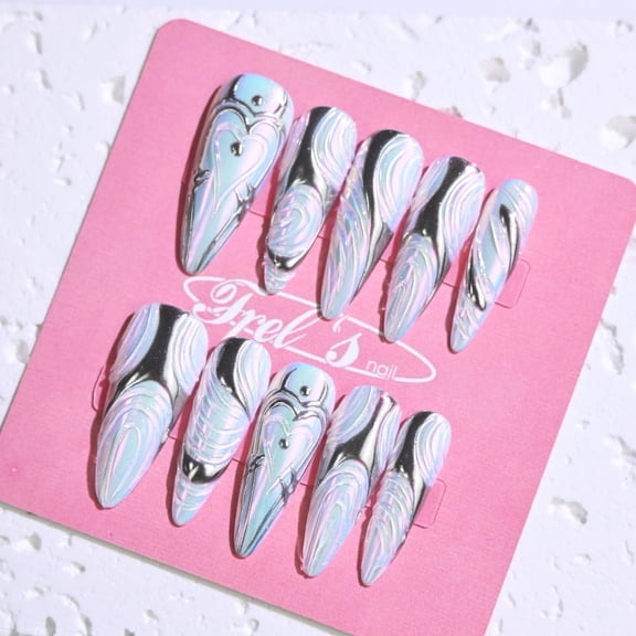 Frely's nail STILETTO White Mech Maiden,Handmade nail art,Press-On Nails, Holiday Gift Set with Holiday & Shine, White & M
