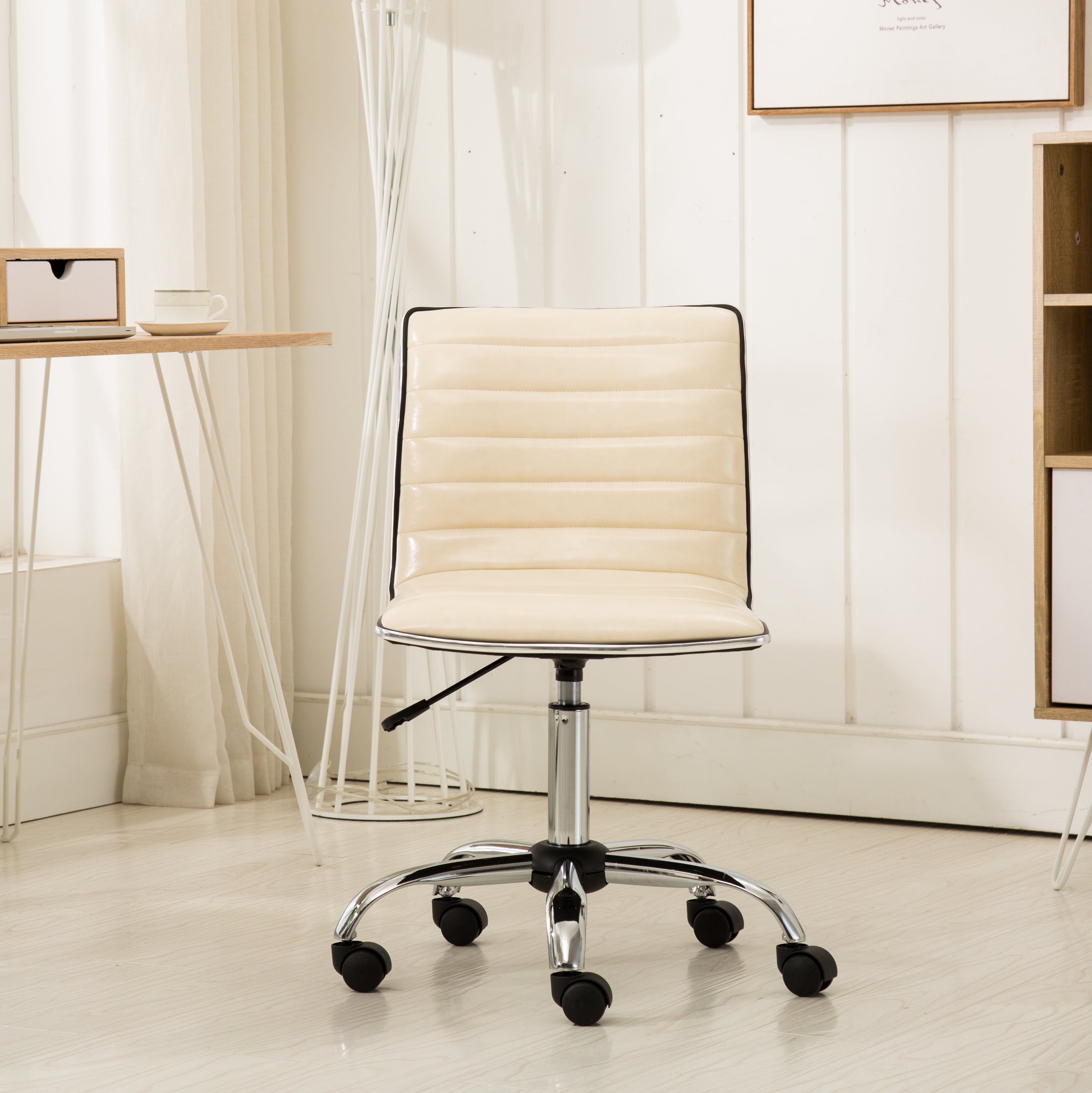 Sleek Black Leather Adjustable Armless Office Chair with Metal Swivel Base