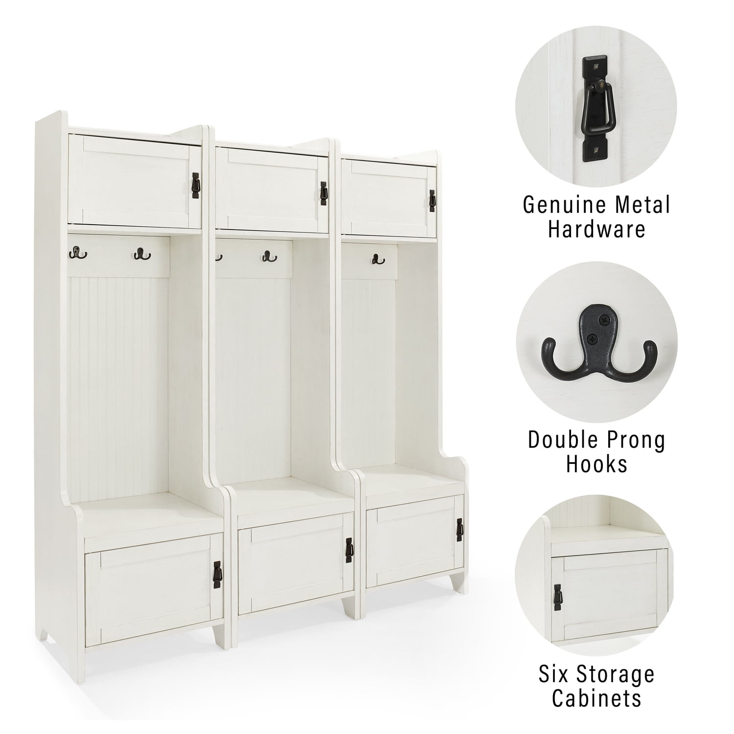 Distressed White Birch 3-Piece Hall Tree Coat Rack Bench