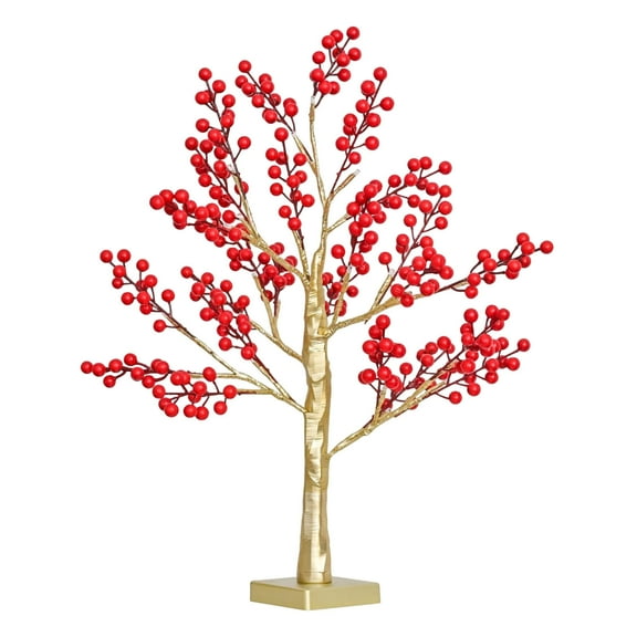 Fren Good Day Red Berry Blossom Tree, Artificial Berries Tree With 24 Led Lights Red Berries & Green Leaves, Bonsai Trees Night Light, For Thanksgiving Christmas, Home, Party, Gift