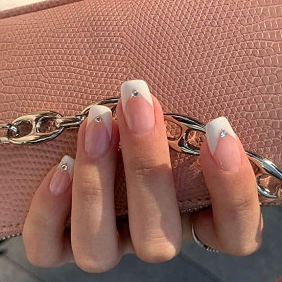 French Acrylic Nails with Rhinestones Square Glossy Press on Nails Short V Nails Design White Nude Full Cover Prom Nails with Glue Sticker Fake Nails 24PCS/Set (A-Crystal)