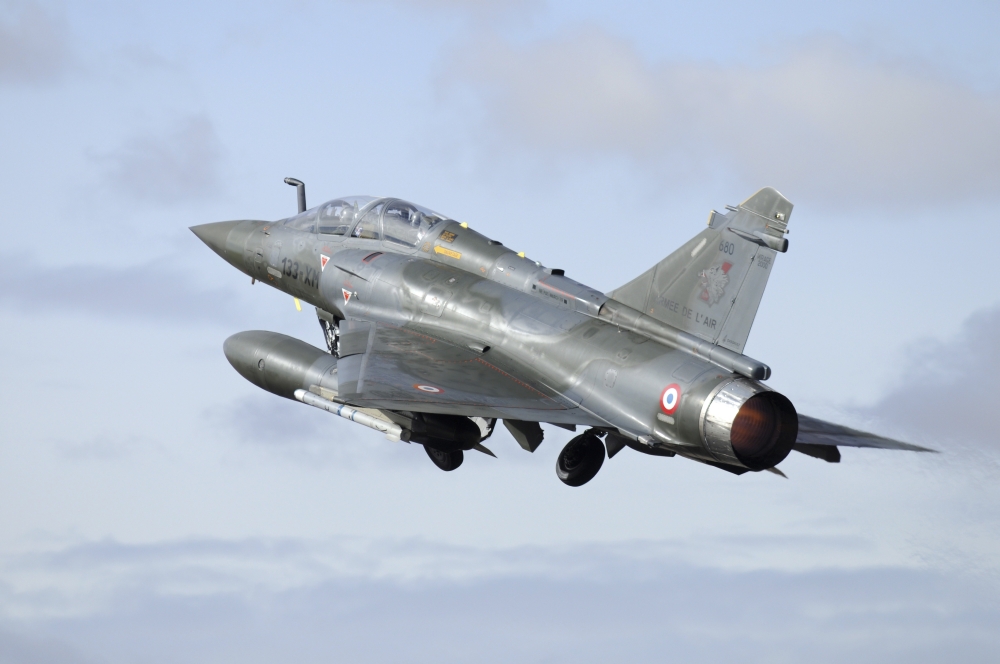 French Air Force Mirage 2000D taking off with full afterburner Canvas Art - Riccardo NiccoliStocktrek Images (34 x 23)