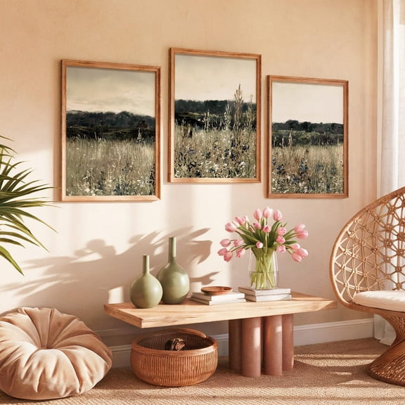 French Alps Landscape Print Serene Meadow Rustic Nature Art Set 3 Stretched Canvas 16x24