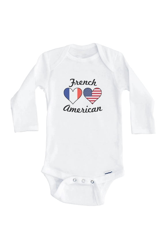 French American Flag Hearts France One Piece Baby Bodysuit (Long Sleeve), 6-9 Months White