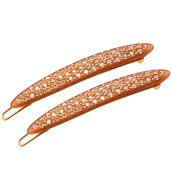 French Amie Narrow Oblong Small Hair Clip - Tige Boule Women Barrette Set Of 2 (BeigeBrown)