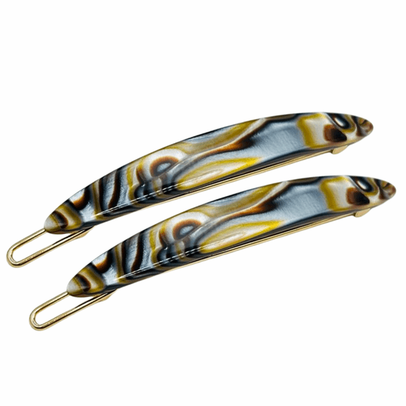 French Amie Narrow Oblong Small Hair Clip - Tige Boule Women Barrette Set Of 2 (Onyx)