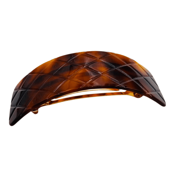 French Amie Wide Quilted Rectangular Barrette 3.5" Handmade Cellulose Acetate Hair Clip (TortoiseShell)