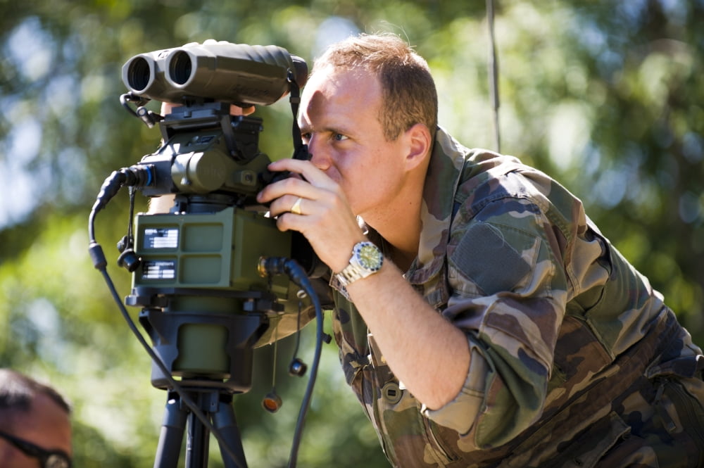 French Army Sergeant watches the impact zone at Camp Atterbury Canvas Art - Stocktrek Images (34 x 23)