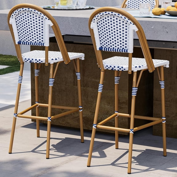 French Bar Stool Set of 2, White Print Finish Patio Bar Stools with Back Rattan Chairs, Wicker Bar Height Stool 29" with Footrest, Kitchen Stools Outdoor Barstool Navy Blue and White