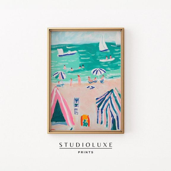 French Beach Scene Wall Art Print, Retro Coastal Summer Decor