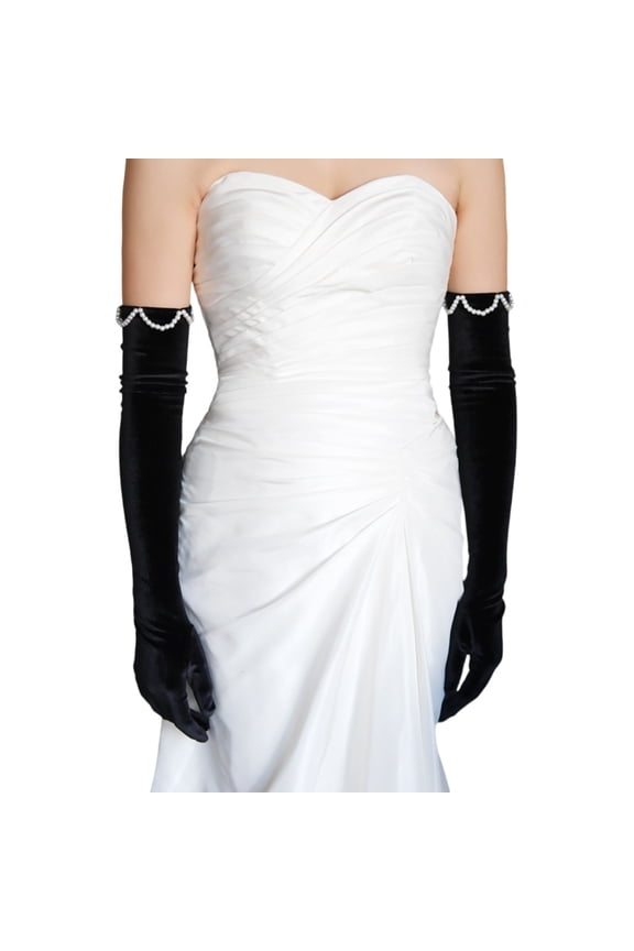French Beaded Evening Gloves Black Velvet Elbow Length Gloves For Night Event