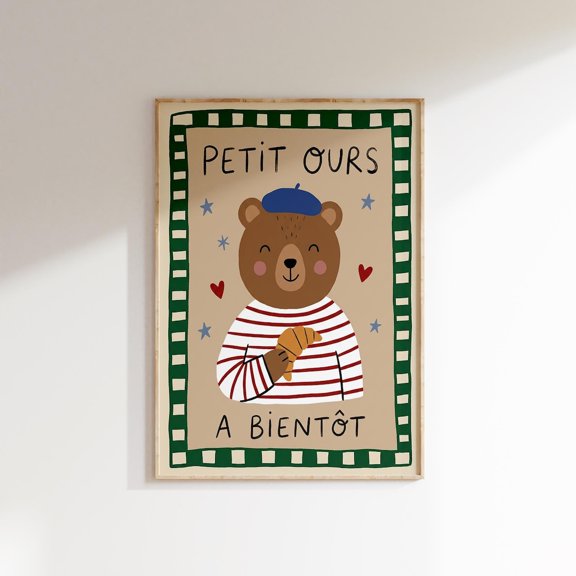 French Bear Wall Art, Petit Ours Nursery Poster, Unframed Paper Poster 16x20in