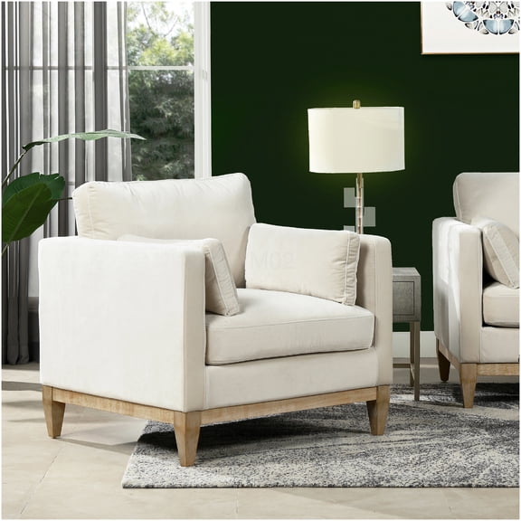 French Beige Velvet Arm Chair, 36 Inch Modern Farmhouse Style Living Room Accent Chair with Removable Cushions