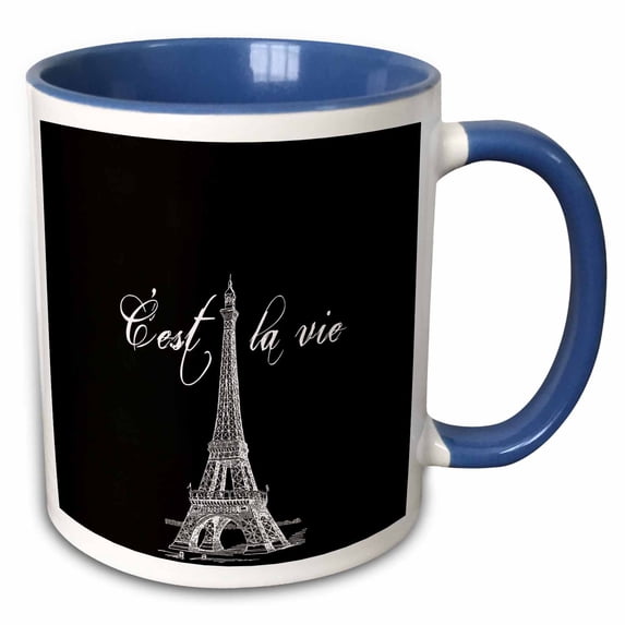 3drose, French Black and White Eiffel Tower, 15oz Two-tone Blue Mug
