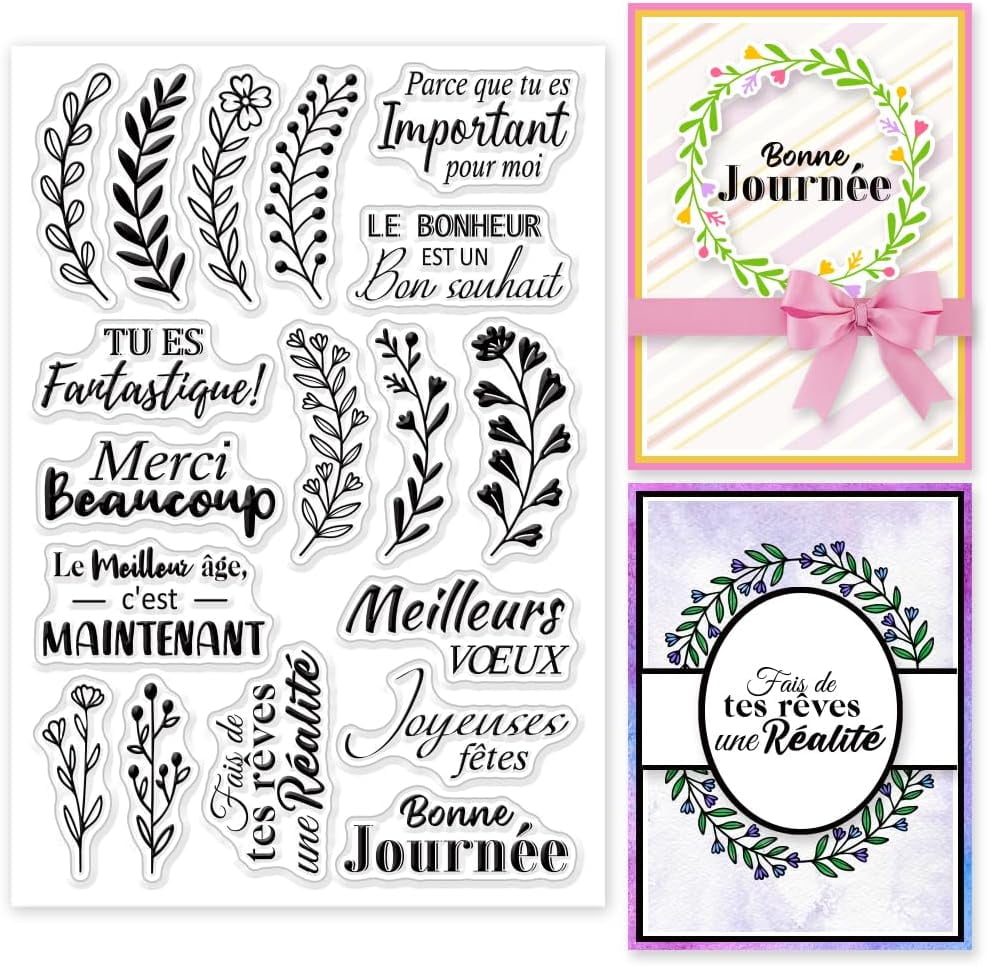 French Blessings Words Clear Stamps Plants Wreath Silicone Clear Stamp ...