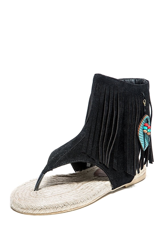 YVETTE BLACK SUEDE THONG FRINGE DETAILED OPEN TOE FLATS SANDALS (BLACK SUEDE, 9)