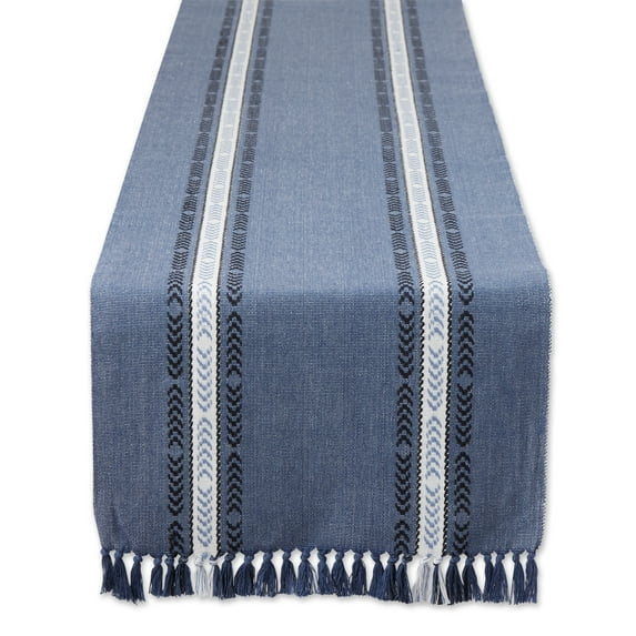 French Blue Dobby Striped Fringe Ribbed Table Runner 14x108