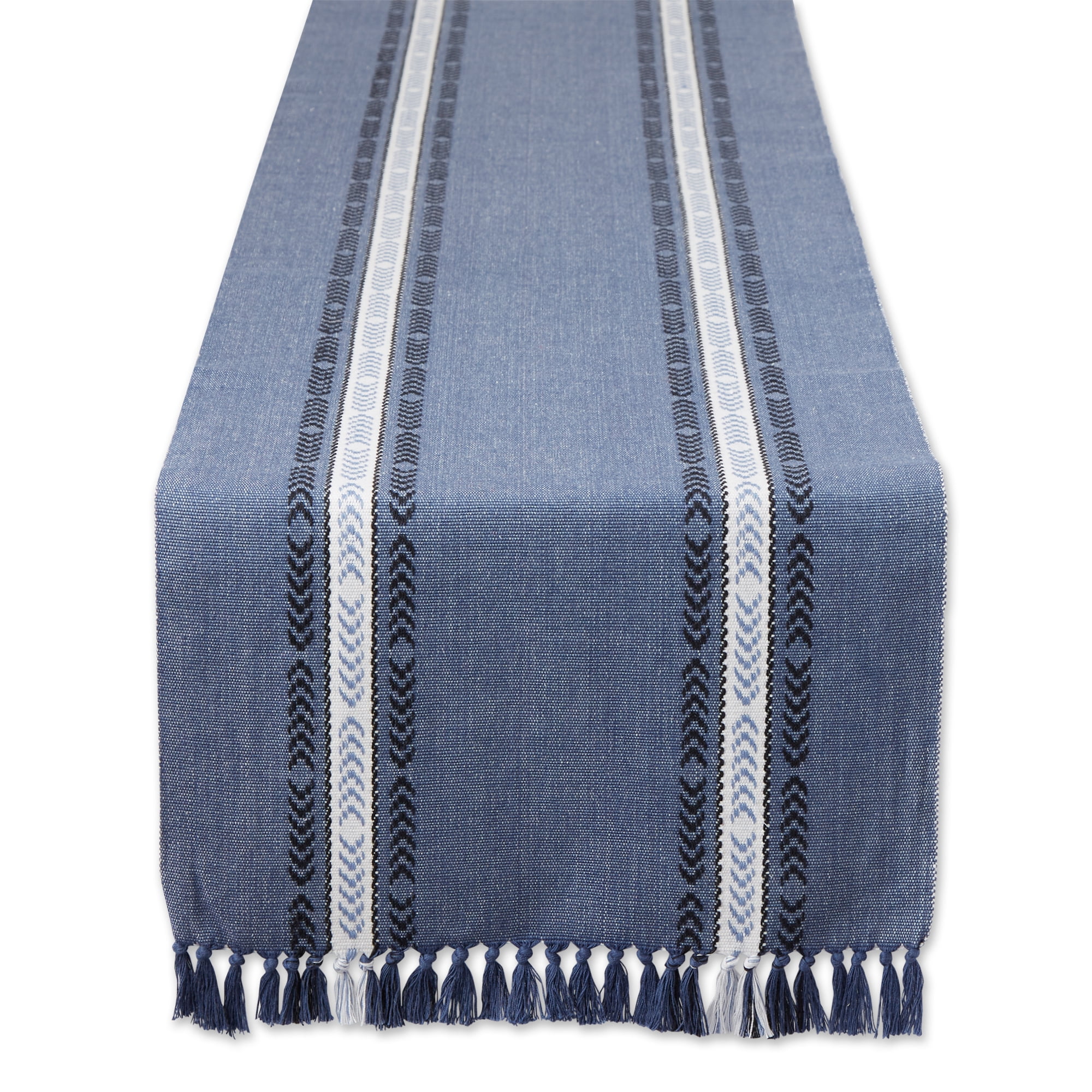 Blue Striped Cotton Table Runner with Fringe, 14x72