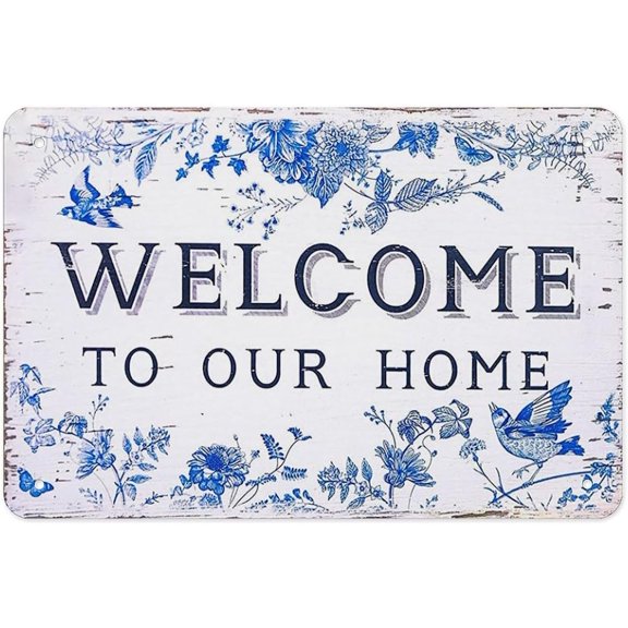 French Blue Floral Bird Metal Tin Sign, Chinoiserie Wall Decor for Entryway or Kitchen, 8 x 12 Inch