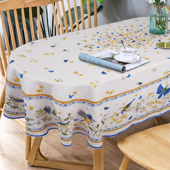 French Blue Floral Bird Oval Tablecloth 60 x 102 Inch – Waterproof, Wrinkle-Free & Durable Fabric Table Cover for Indoor or Outdoor Use