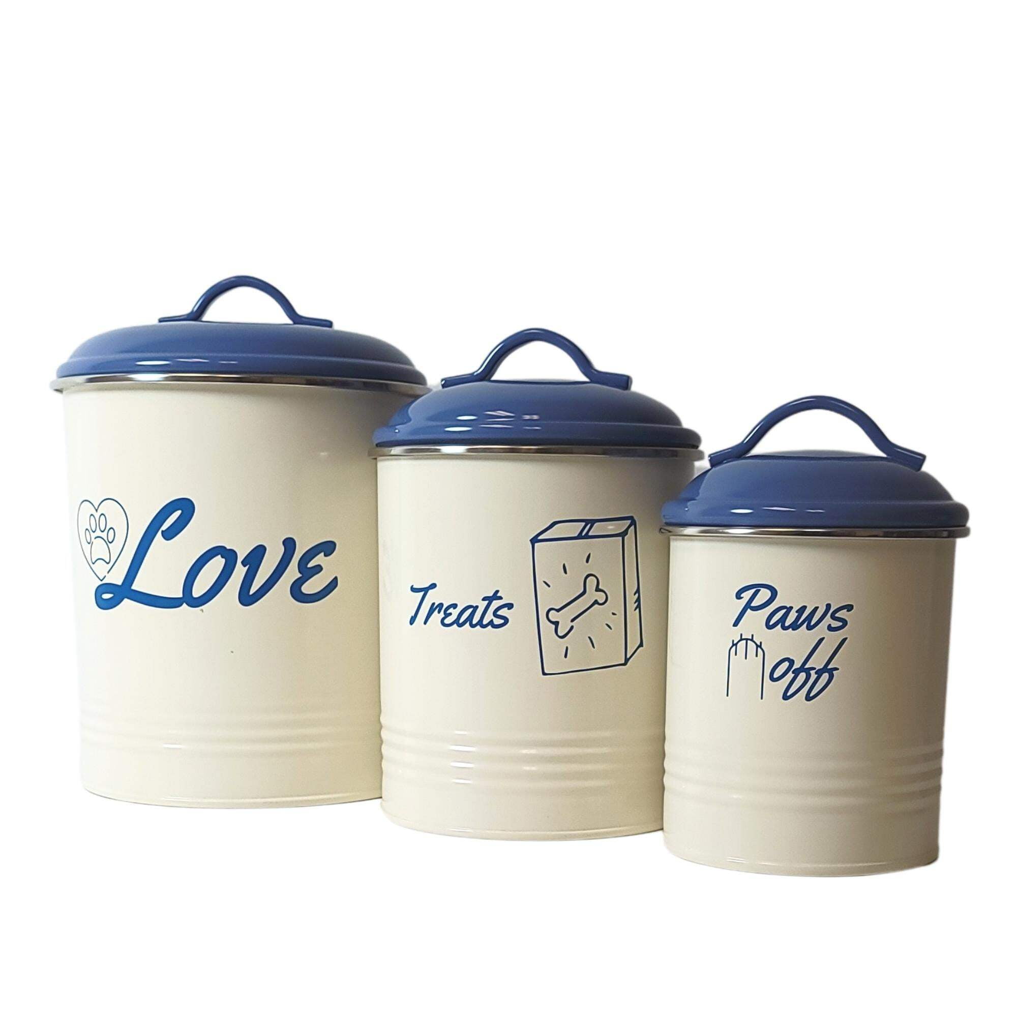 Blue and Cream Metal Dog Treat Storage Canisters Set