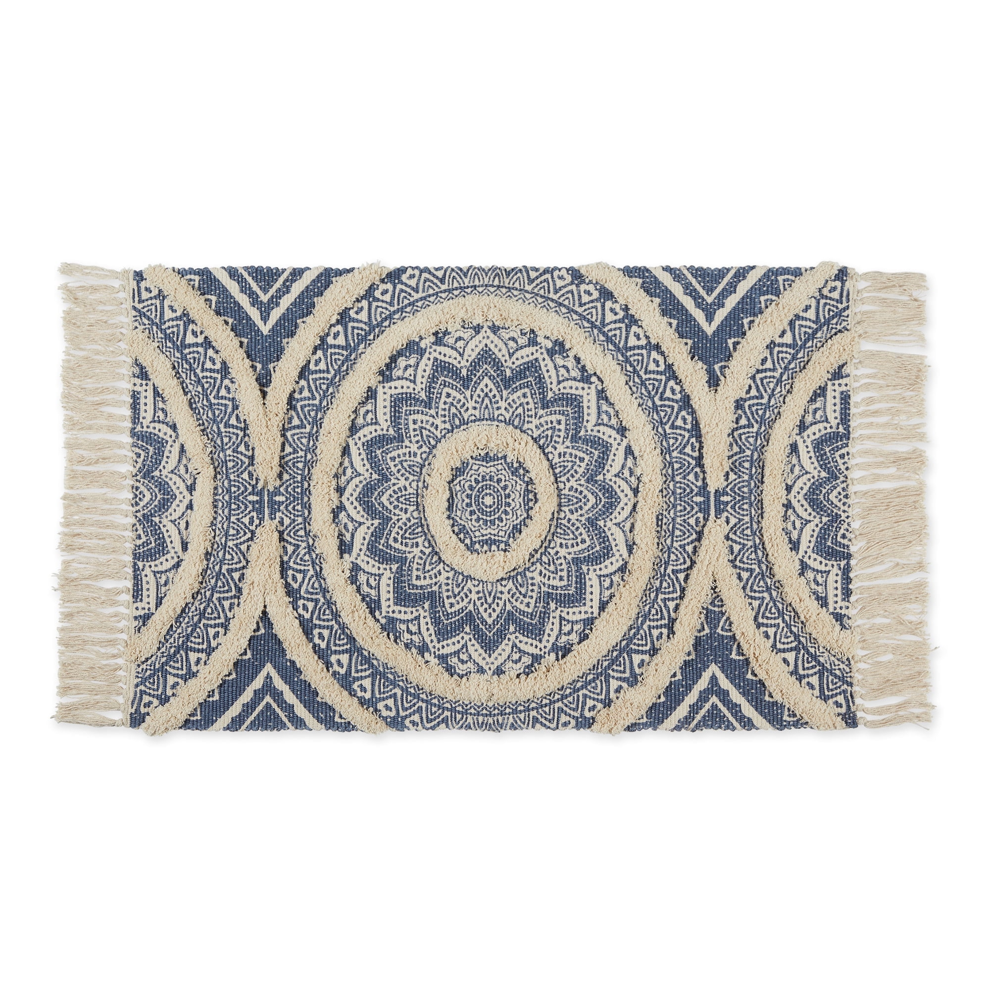 French Blue Printed Natural Hand-Loomed Cotton Shag Rug 2x3 Ft ...