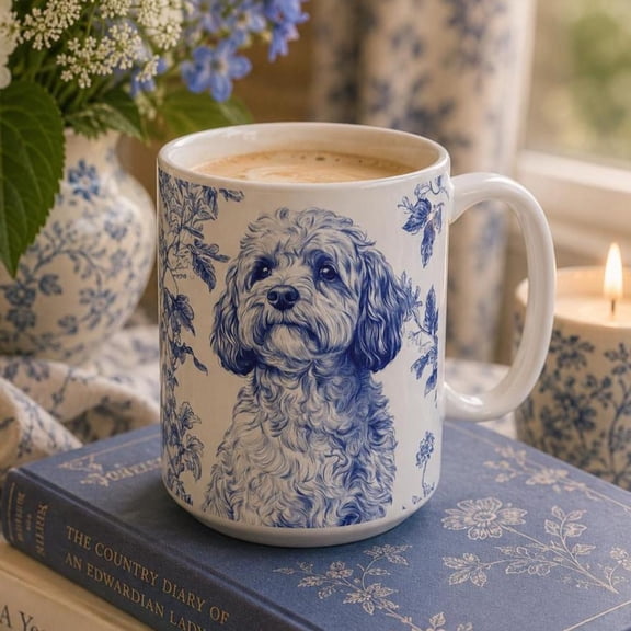 French Blue Toile Cavapoo Dog Mug Adorable Pet Sketch Coffee Cup Dog Mom Gift Ceramic Cavapoo Lover 15oz