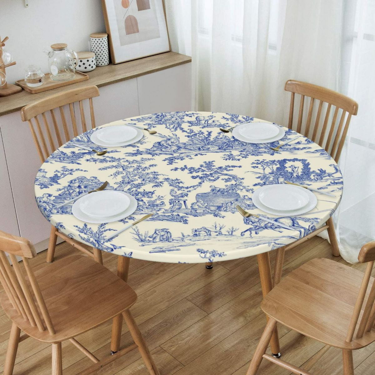 French Blue Toile De Jouy Motif Pattern Table Cover Elastic Fitted 