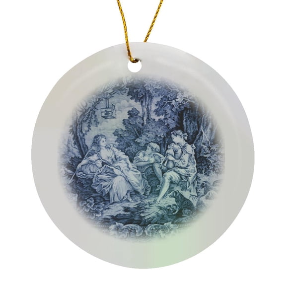 French Blue Toille I, Circle Porcelain Ornament