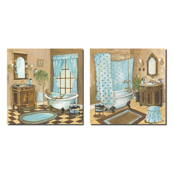 French Blue and Brown Bathtub and Sink Adult Bathroom Decor; 2 - 12" x 12" Unframed Posters