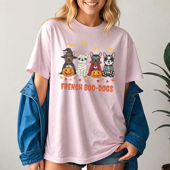 French Boo-Dog Halloween Ghost French Bulldog Fall Autumn T-Shirt, Multicolors, Size S-5XL