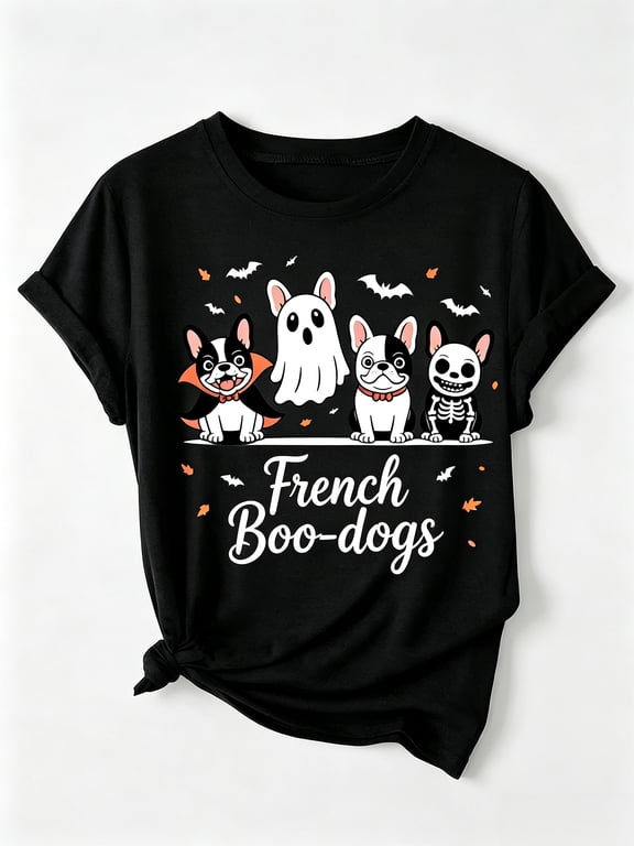 French Boo-dogs T-Shirt Funny Halloween French Bulldog Ghost Vampire Skeleton Graphic Tee