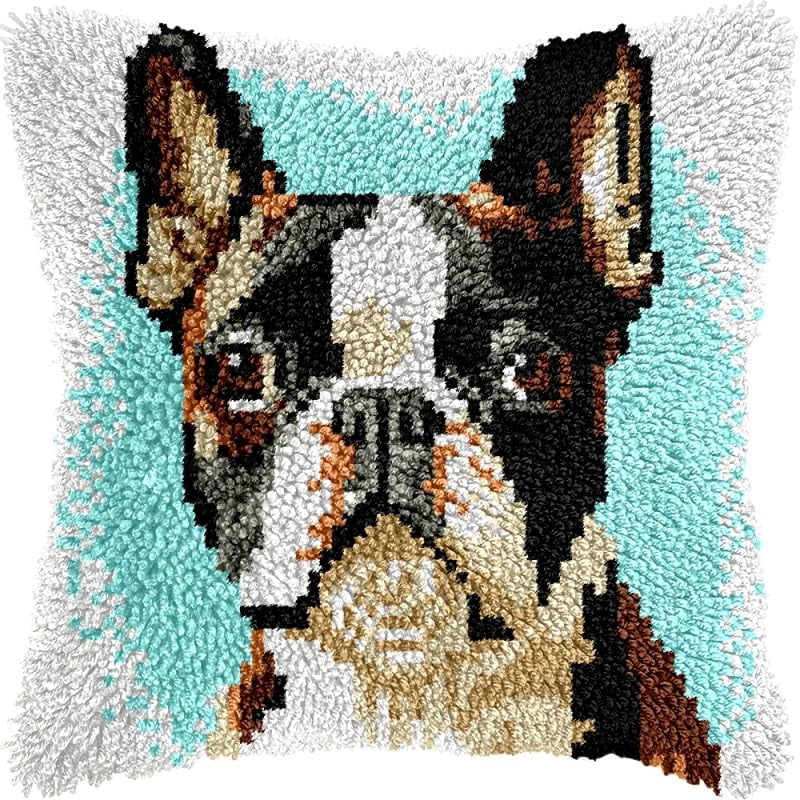 French Boston Terrier Latch Hook Pillow Kits Pillow Cover Pattern Printed Canvas Crochet Cross Stich Hooking Pillowcase Cushion Crafts Embroidery Latch Hooking Crochet Kits Set 17x17 inch(95)