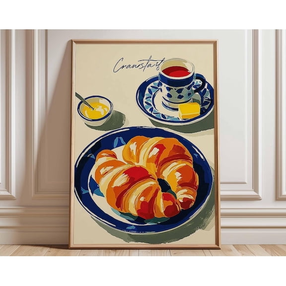 French Breakfast Croissant Tea Vintage Paris Cafe Illustration Wall Art Print, Unframed Paper Poster 8x10in