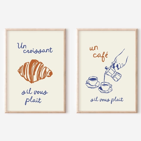 French Breakfast Poster Set Un Croissant & Un Cafe Wall Art Paris Kitchen Posters Minimalist French Quote Duo, Set 2, Poster Only