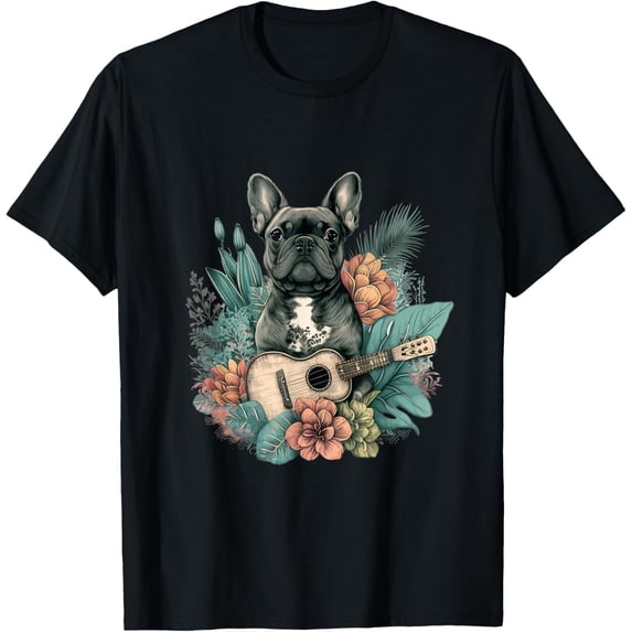 French Bulldog Aloha Ukulele Hawaii Guitar Dog Flower T-Shirt