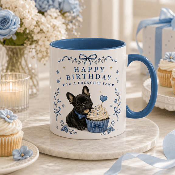 French Bulldog Birthday Mug Blue Accent Cupcake Design Gift for Frenchie Fans