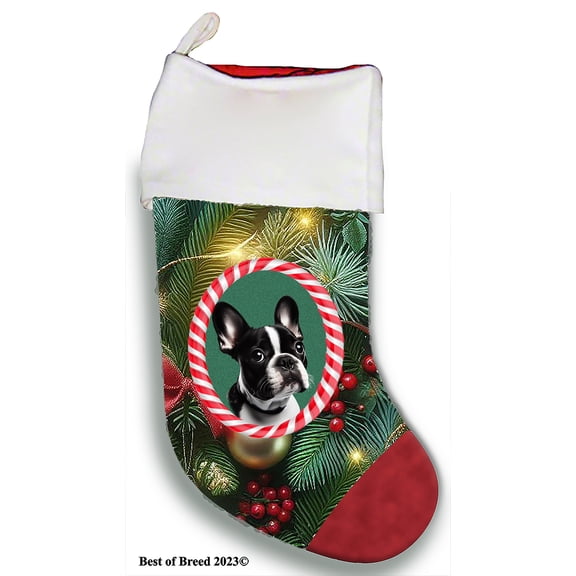 French Bulldog Black/White - Best of Breed Christmas Stocking 13.5" Red Gaming Cloth with Red Lining ,Plush White Cuff