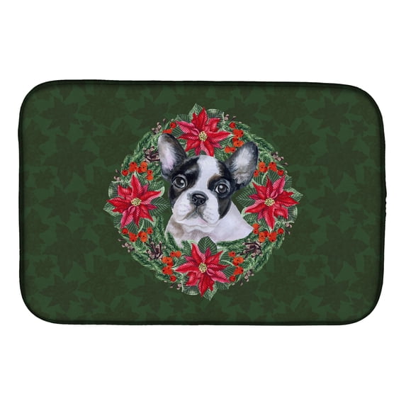 French Bulldog Black White Poinsetta Wreath Dish Drying Mat