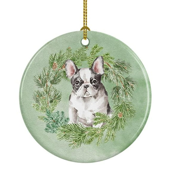 French Bulldog Black and White Christmas Wreath Ceramic Ornament 2.8 in x 2.8 in