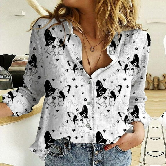 French Bulldog Blouses Shirt, Dog Lover Pattern Women Casual Shirt, Women's Clothing, Button Up Shirt, Long Sleeve Shirt, Gift For Her