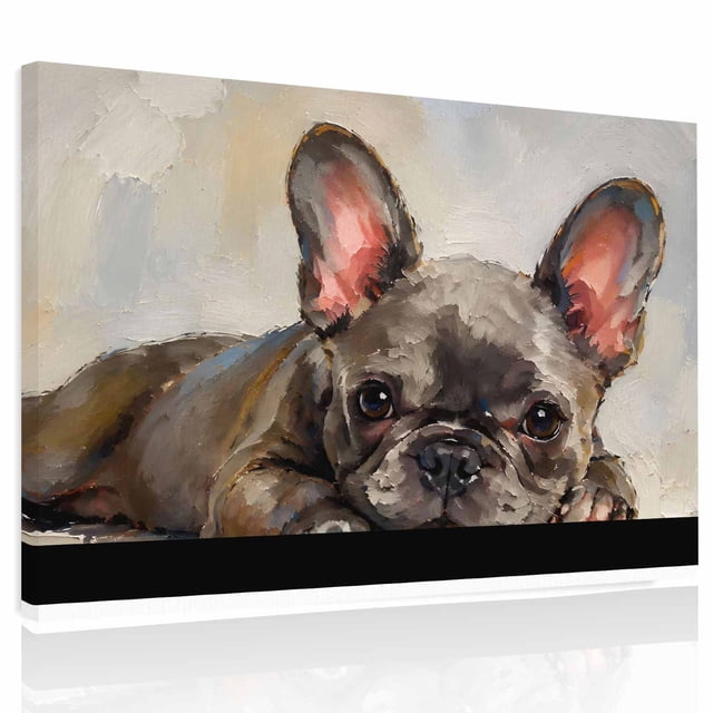 French Bulldog Canvas Print Wall Art Playful Dark Brown Dogs Eyes Oil ...