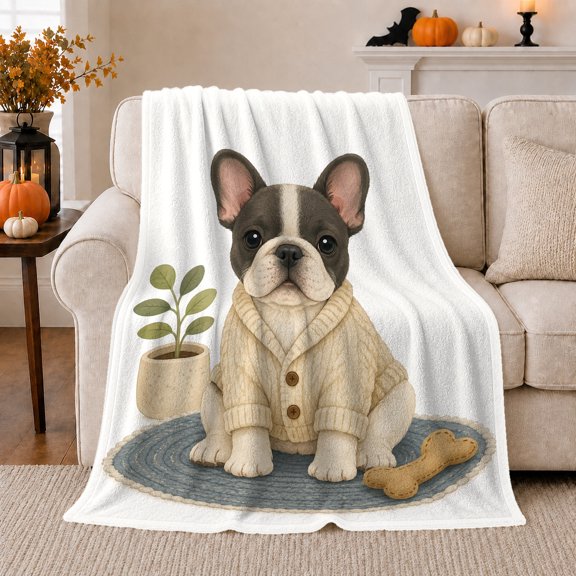 French Bulldog In Cardigan Beside Potted Plant, Cozy Flannel Blanket with Cozy Pet Illustration Print, Housewarming Gift for French Bulldog Lovers, Home Decor for Bedroom and Living Room