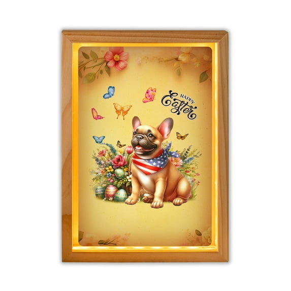 French Bulldog Celebrates Spring and Enjoys a Happy Easter Acrylic Plaque with Wood Photo Frame Box Dog Lover Gifts Light Box - 02001