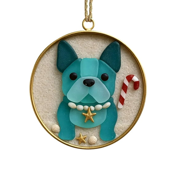 French Bulldog Christmas Ornament, Unique Beach-Themed Glass Decoration, Holiday Tree Hanging Gift, Pet Lover Keepsake