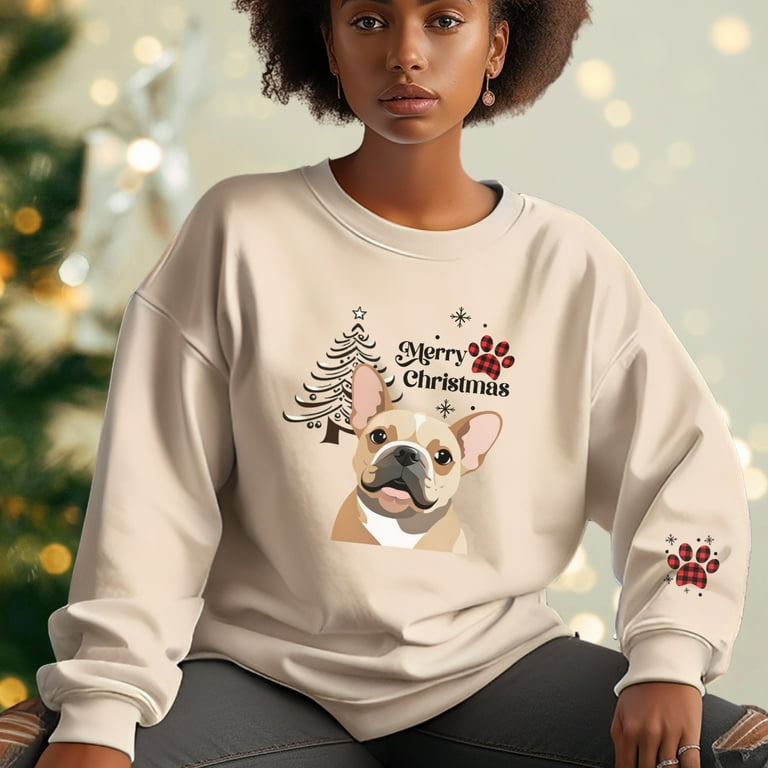 Pig Panda Productions French Bulldog Christmas Sweatshirt Plaid Paw Sweater Frenchie Mom Dad Gift Women s Size 5XL Beige